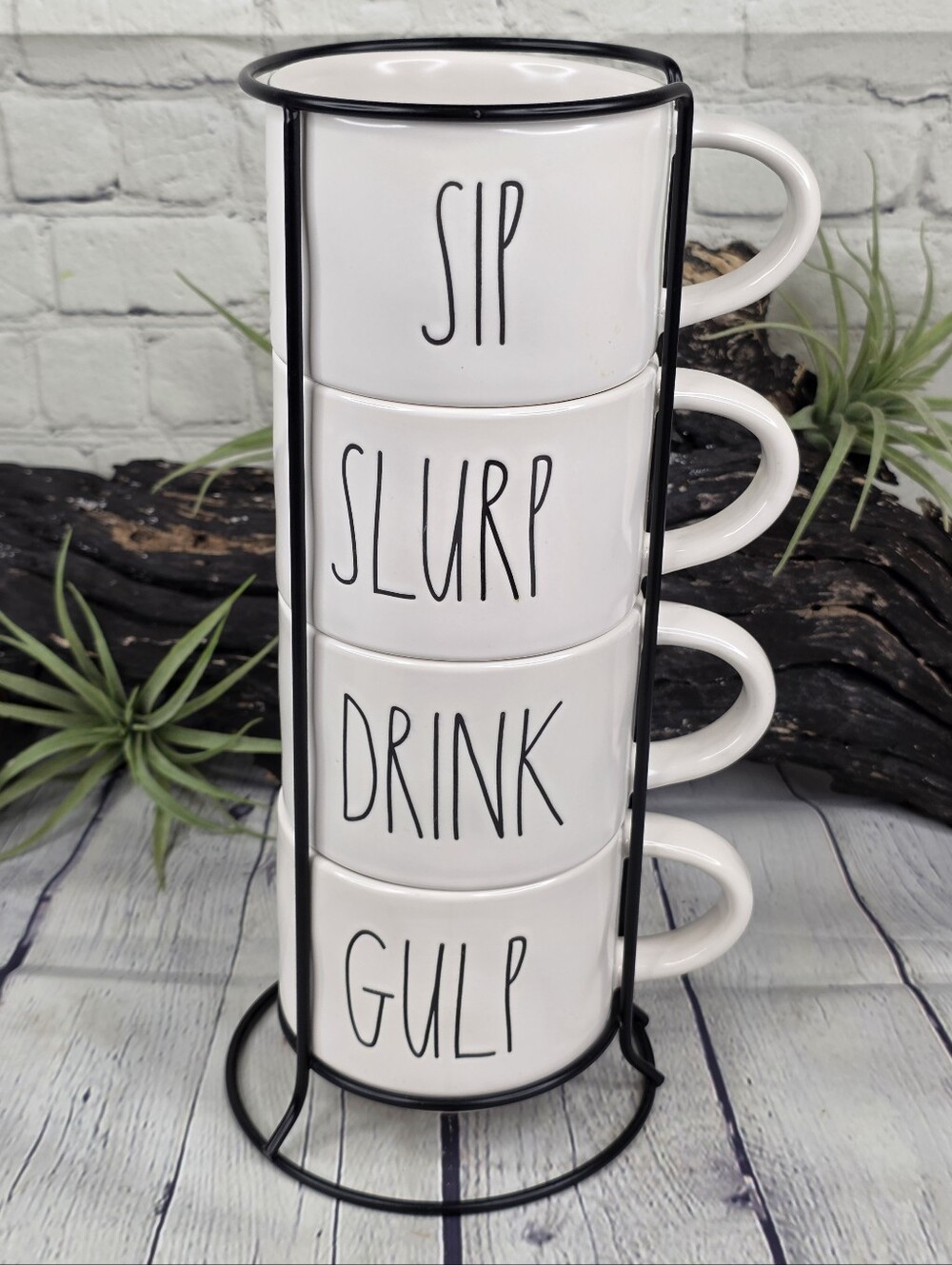 Rae Dunn SIP SLURP DRINK GULP Large Stacking Mugs Set w/ Stand